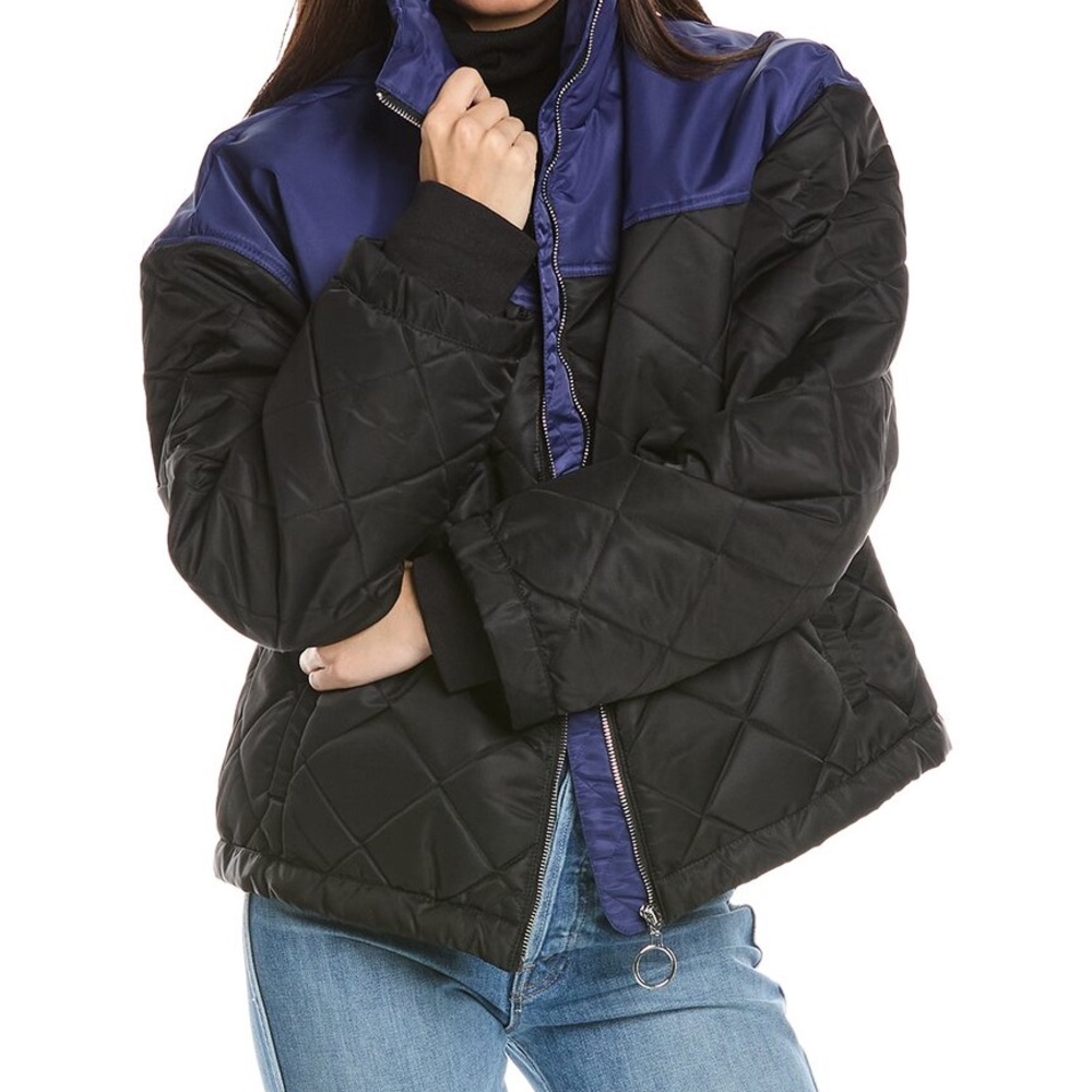WeWoreWhat Black and Blue Puffer Jacket with High Collar